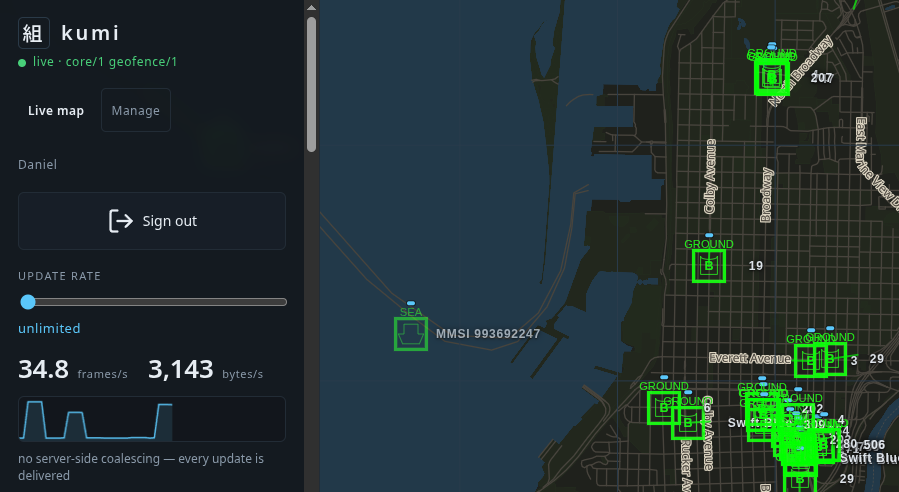 Live map display showing various contacts sourced from public data feeds