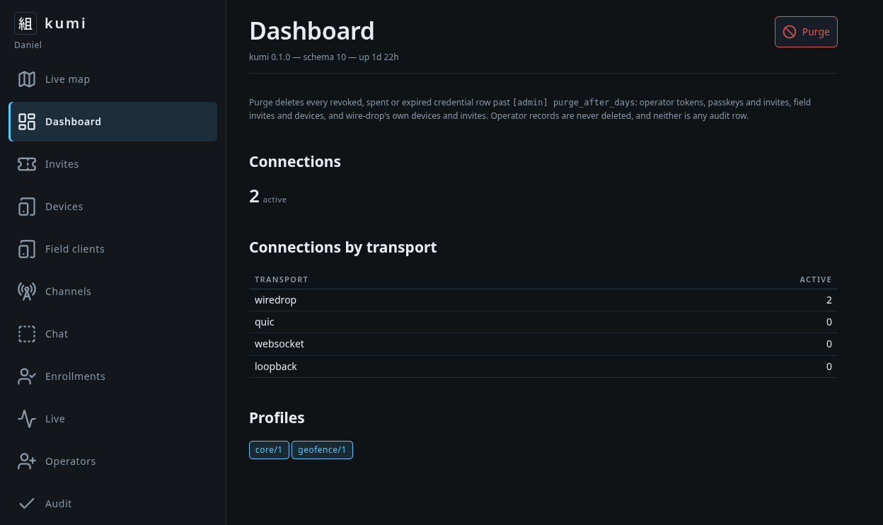 Kumi management console showing various options